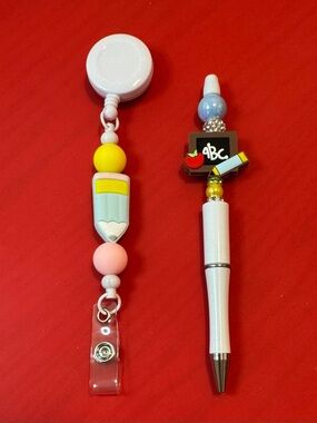 Cute School-Themed White & Pastel Badge Reel and Pen Set